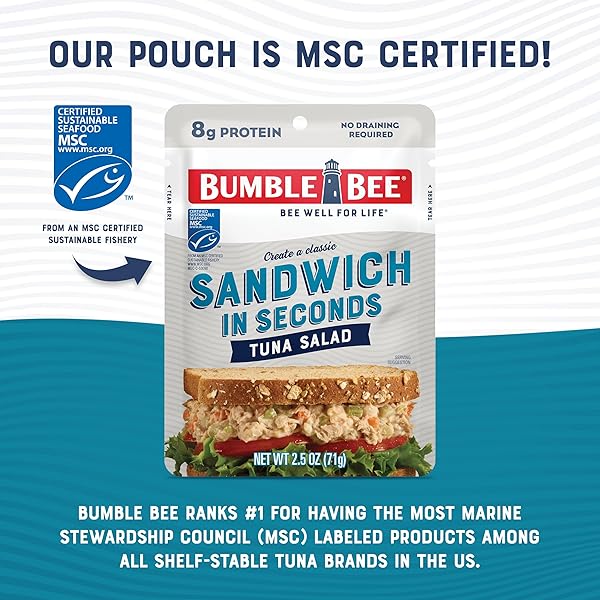 BUMBLE BEE SANDWICH IN SECONDS TUNA SALAD, 2.5 OZ POUCH – READY TO EAT – WILD CAUGHT TUNA PACKET – 8G PROTEIN PER SERVING – GLUTEN FREE