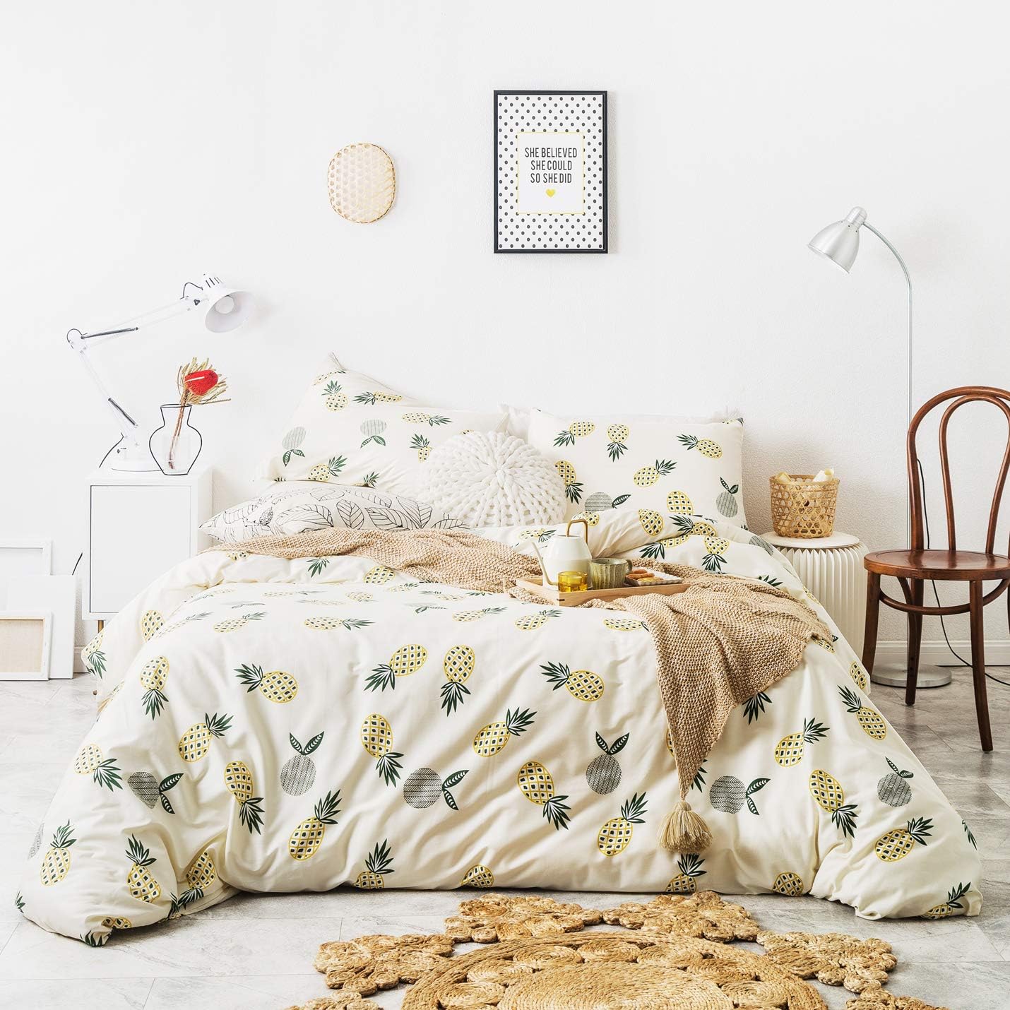 YuHeGuoJi Beige Fruit Duvet Cover King 100% Cotton Botanical Cartoon Duvet Cover 3 Pcs Set 1 Yellow Pineapple Patterned Duvet Cover with Zipper Ties 2 Pillowcases Cute Botanical Fruit Bedding Set Soft