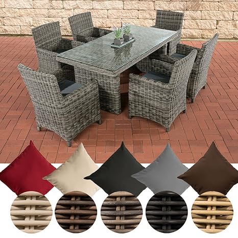 CLP Polyrattan Sitzgruppe Fontana inkl. Polsterauflagen | Garten-Set: EIN Esstisch mit Glasplatte und sechs Stühle erhältlich