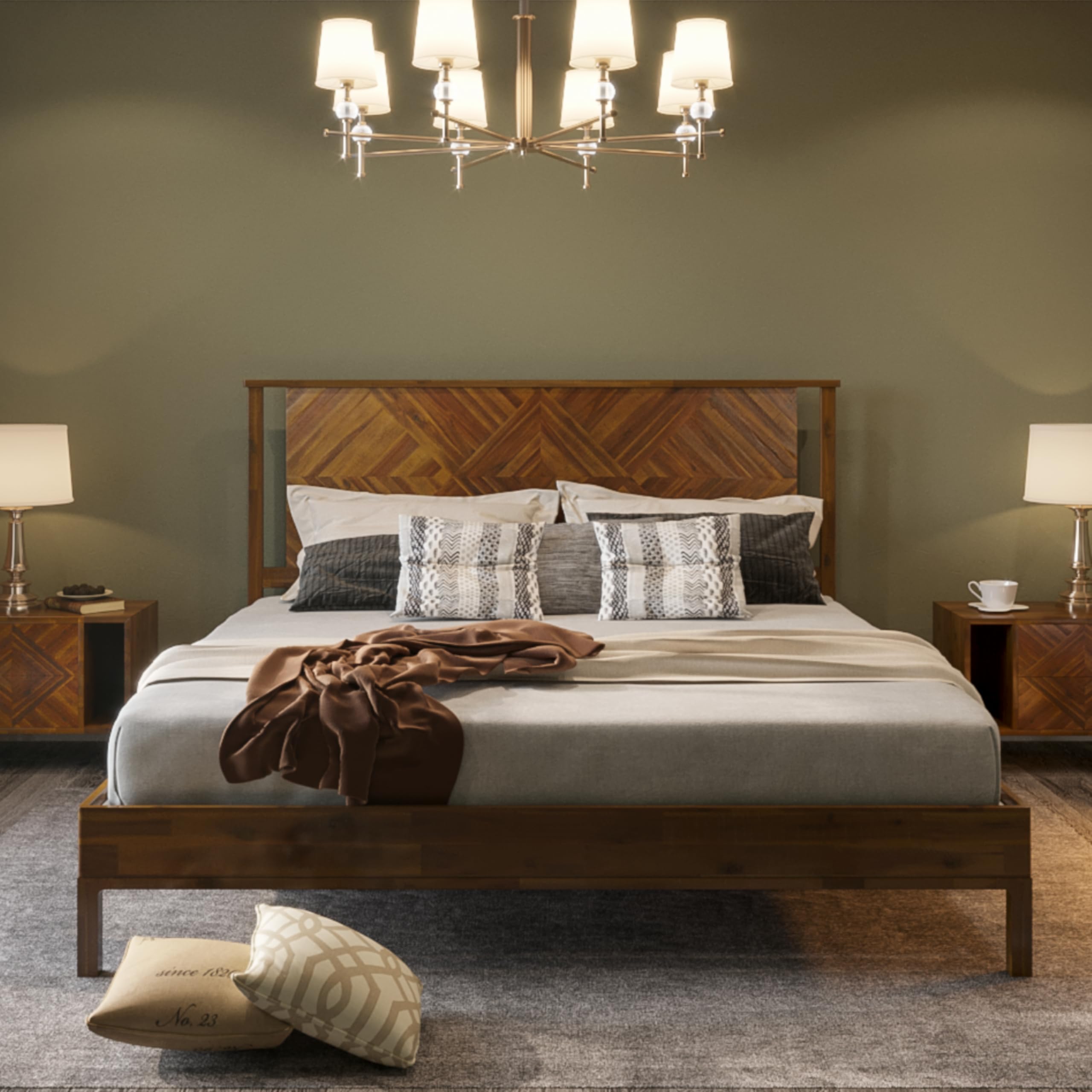 Bme Ethan Solid Wood Queen Bed Frame with Diamond Headboard - Rustic & Mid-century Modern - Acacia Wood Platform Bed - Compatible with All Mattresses - No Box Spring Needed - Rustic Brown Image Bme Ethan Solid Wood Queen Bed Frame with Diamond Headboard - Rustic & Mid-century Modern - Acacia Wood Platform Bed - Compatible with All Mattresses - No Box Spring Needed - Rustic Brown Image