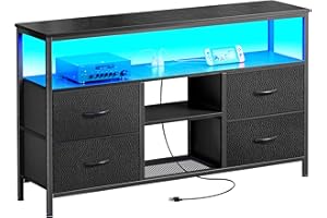 Huuger 47 Inch TV Stand Dresser with Power Outlets and LED Lights, Fabric Dresser for Bedroom with Storage, 4 Drawers Entertainment Center with Open Shelf, Media Console for 55 50 Inch TV, Black