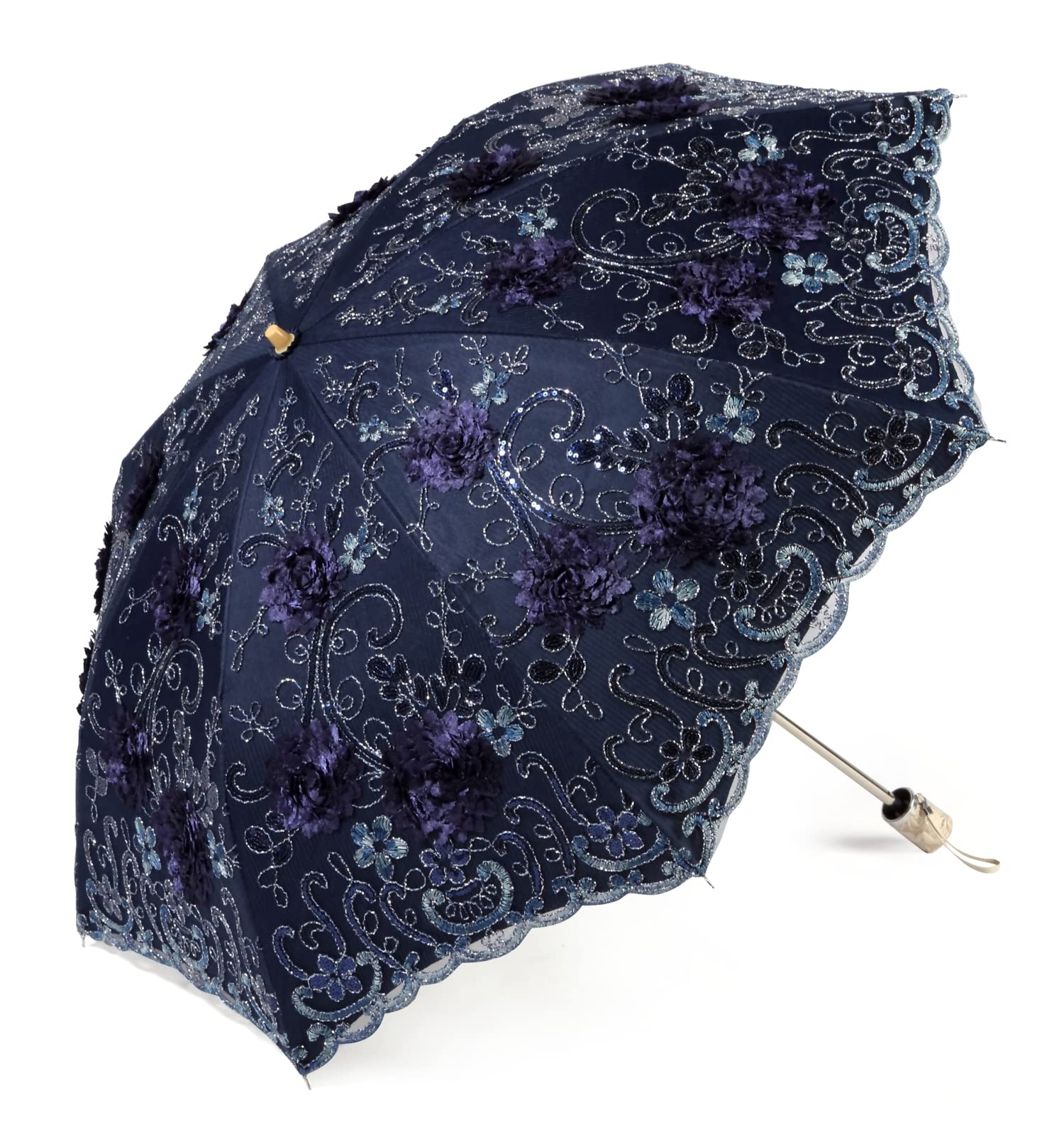 LCY Ladies Embroidered Lace Double-deck Anti-UV Parasol Umbrella Sun/Rain/Snow Folding Umbrella-Blue