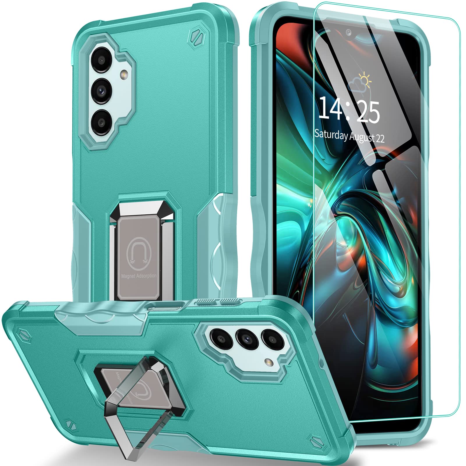 AMILIFECASES for Samsung Galaxy A13 5G Case with Tempered Glass Screen Protector,Shockproof Cover with Holder Kickstand,Heavy Duty Protective Phone Case for Samsung A13 Mint