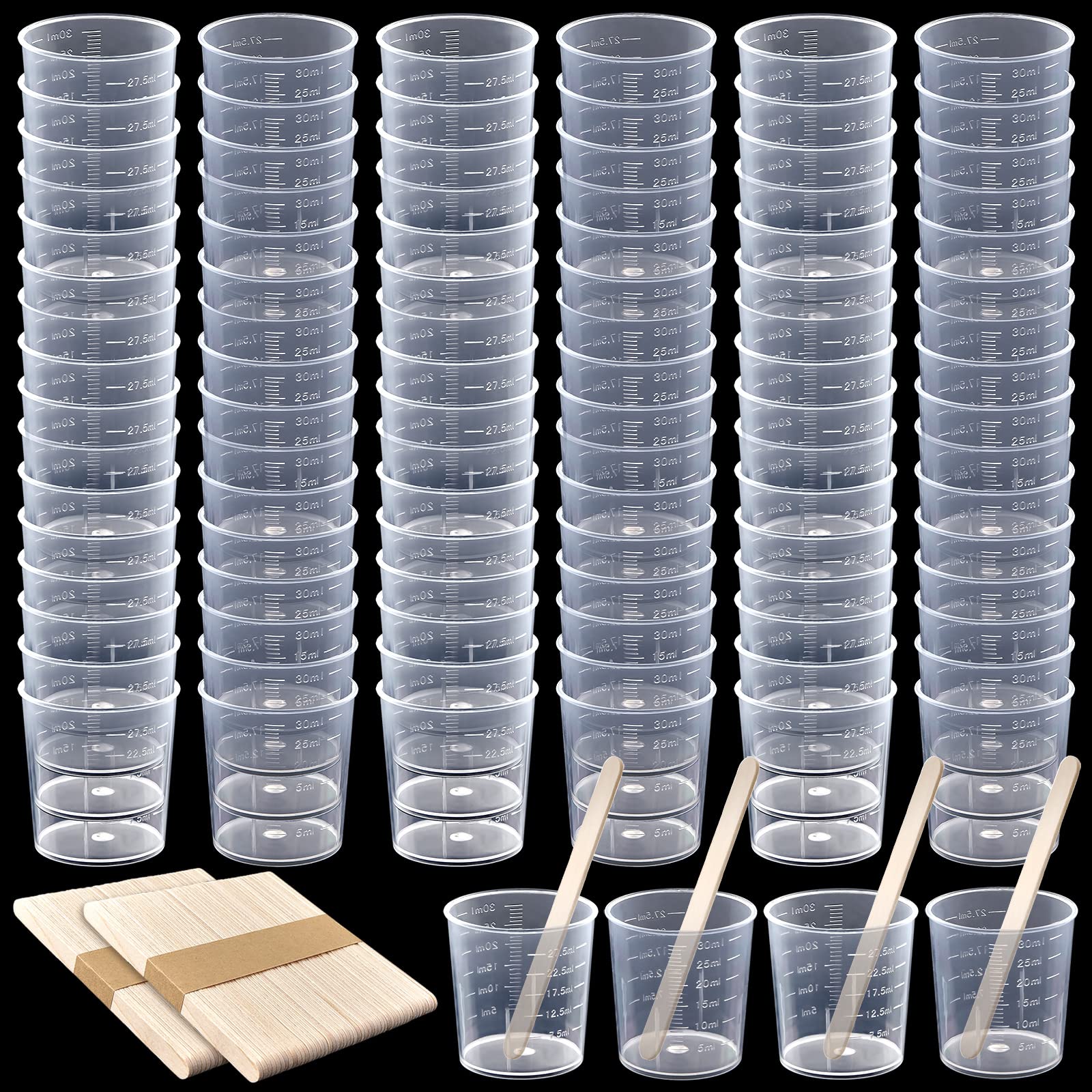 Photo 1 of 100 Pack 30ml/1oz Transparent Measuring Cups Reusable Clear Plastic Graduated Epoxy Mixing Cups with 100 Pack Wooden Stirring Sticks for Liquids Resin, Epoxy, Stain, Mixing Paint, School Labs