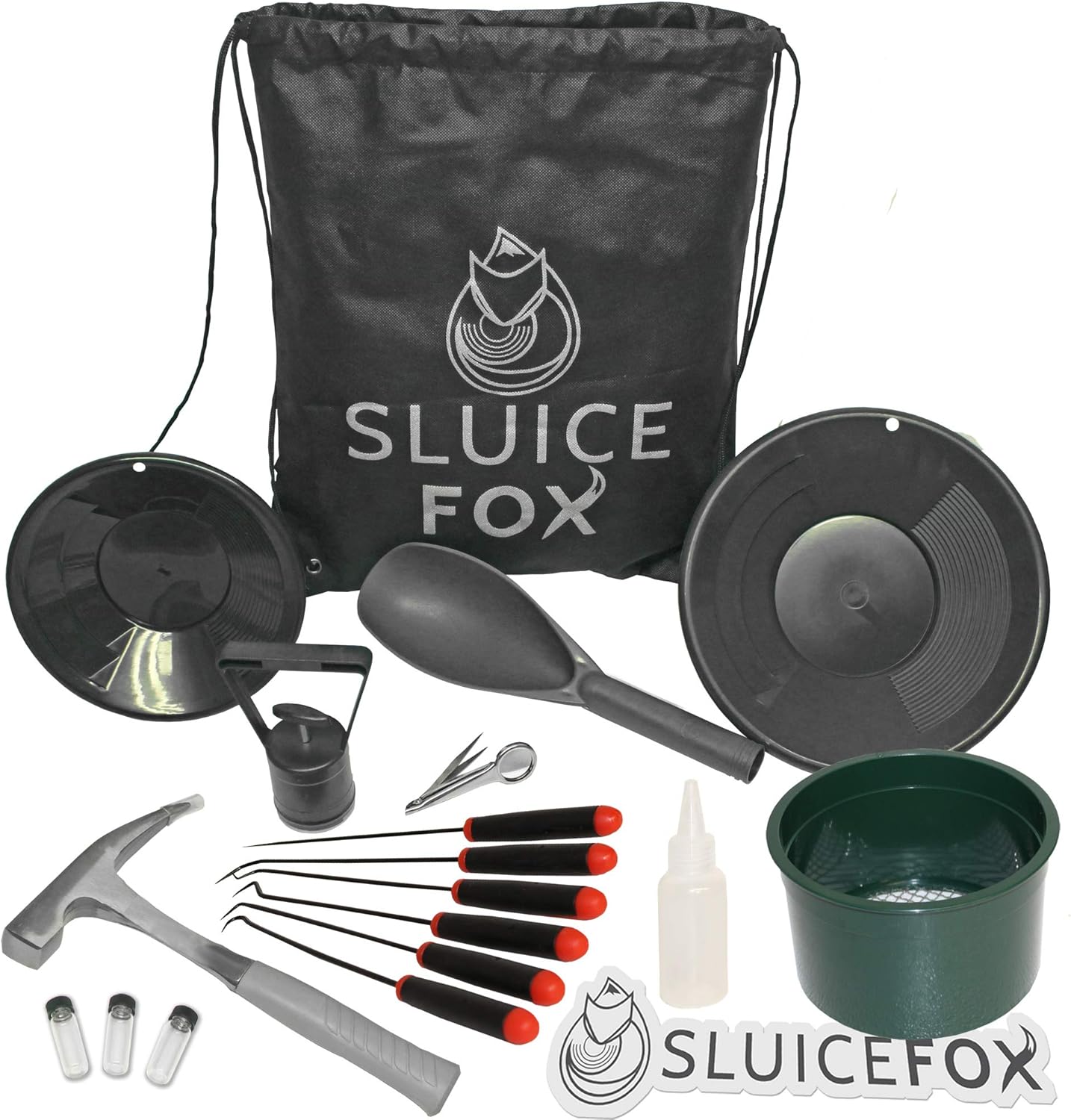 Sluice Fox Gold Panning Crevice Kit | Rock Pick Hammer | Sifter | Black Sand Magnet | Free Tote Backpack