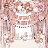 Rose Gold Birthday Party Decorations Kit for Women Girls, Foil Confetti Rose Gold Balloon Pink Happy Birthday Banner Fringe Curtains Tassels Pom Butterfly Decor Circle Dots Supplies 16th 30th 40th