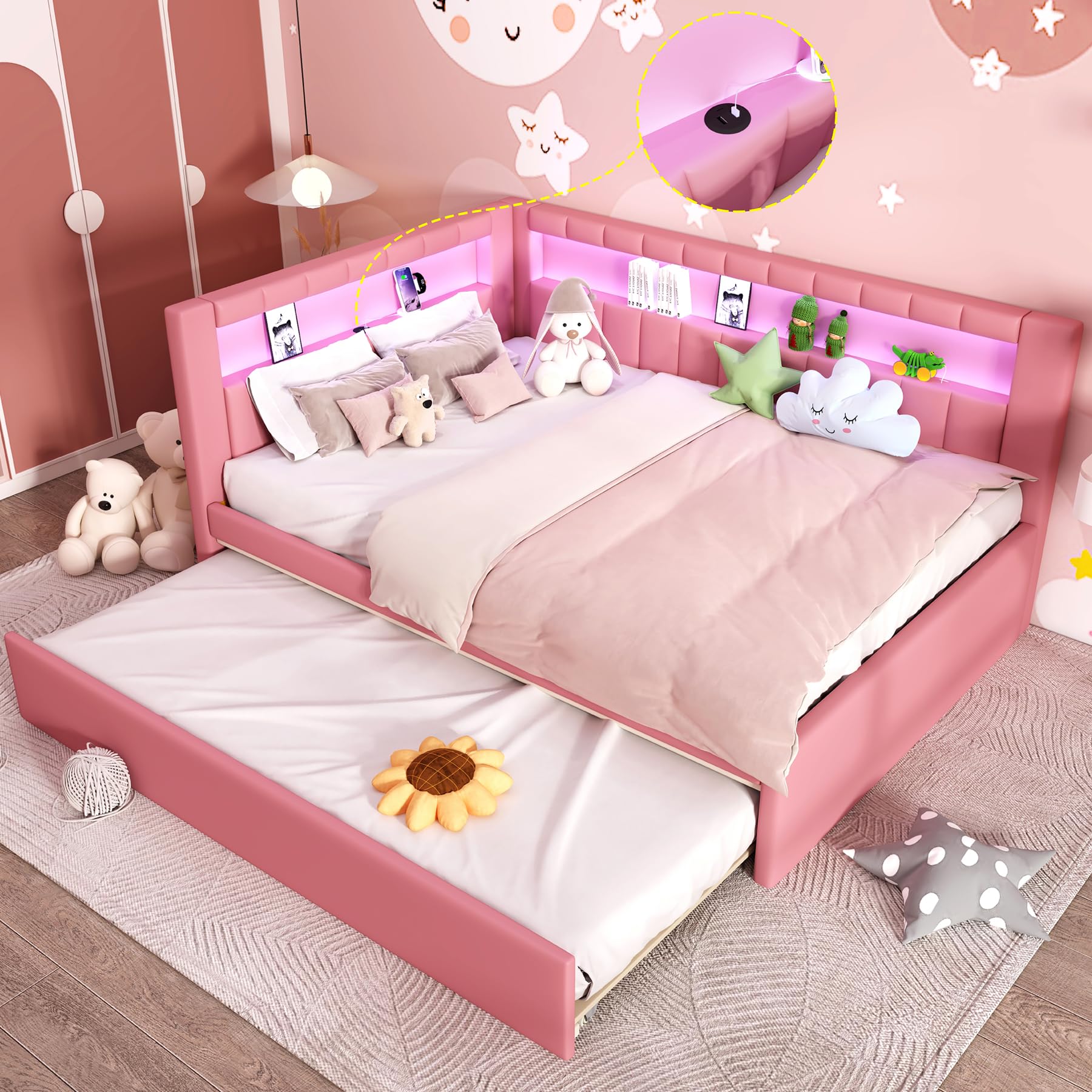 Photo 1 of **************INCOMPLETE ITEM, THIS IS ONLY BOX #1 OUT OF 2**************
KALALLA Upholstered Full Size Daybed with Trundle, Day Bed Frame with Storage L-Shaped Headboard USB Ports and LED Belt, No Box Spring Needed for Kids, Girls, Adults - Pink
