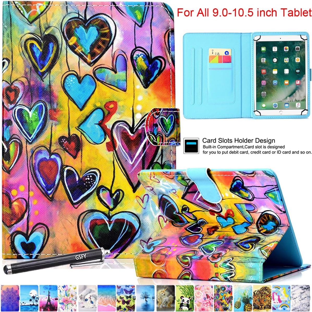 Universal Case for 9-10.5 Inch Tablet, Newshine PU Leather Stand Folio Case for New iPad 9.7 2017/2018, Galaxy Tab S2/S3 9.7, Amazon Kindle Fire HD 10 and Other 9.7 10.1 10.5 Models - Blue Heart