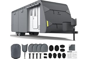 Fonzier RV Cover 28-31ft: 600D Oxford Topper Extra Thick 7 Layers Travel Trailer Cover with 4 Tire Covers, Waterproof Camper Cover, Extra Windproof Ropes, Gutter Cover, Rip-Stop Anti-UV
