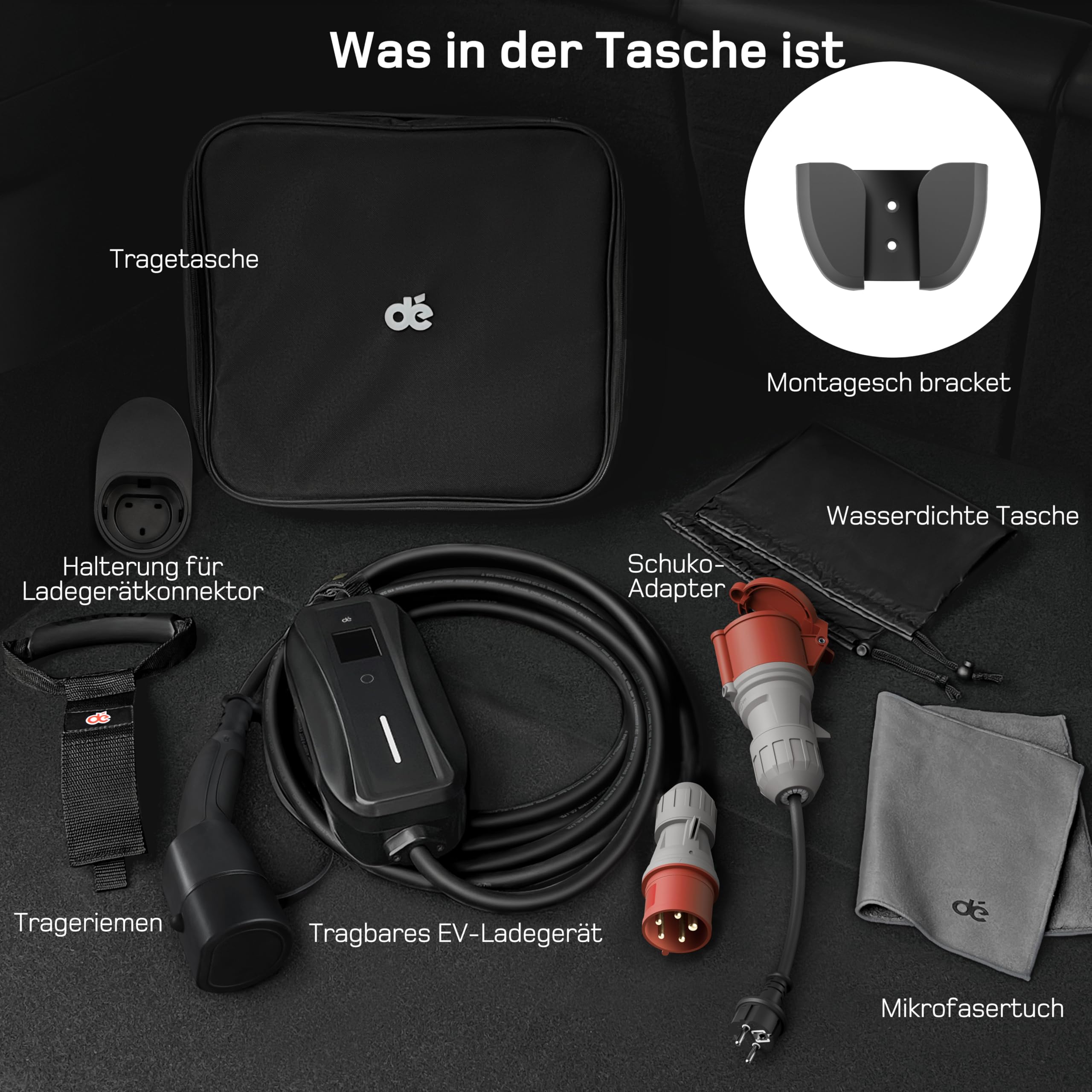 dé Mobile Wallbox/Ladestation 11kW [3-phasig|10m|6-16A] mit Einstellbarer Ladeleistung, Ladekabel CEE 16A auf Typ 2 und EV Ladegerät für Model Y/3, ID.3/4/5, MG4, EX30, e-up, e-tron, Zoe und andere EV