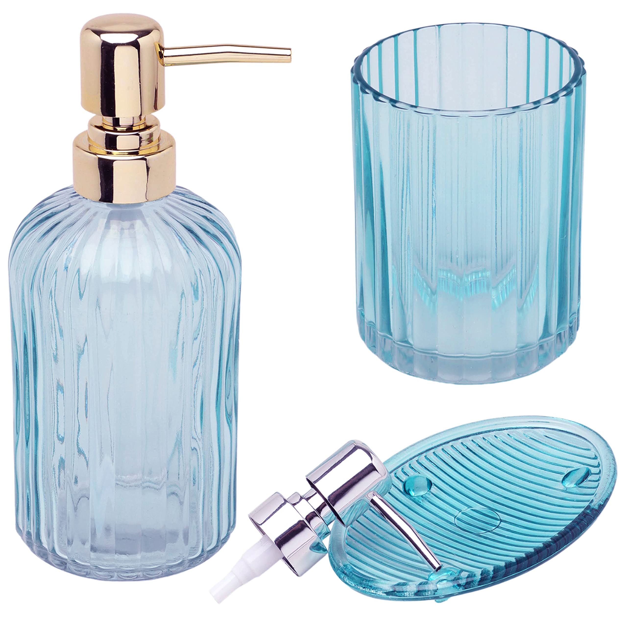 G Decor 3-Piece Modern Transparent Pressed Glass Bathroom Accessory Set, Includes Liquid Soap or Lotion Dispenser, Toothbrush Holder, Soap Dish (Blue)
