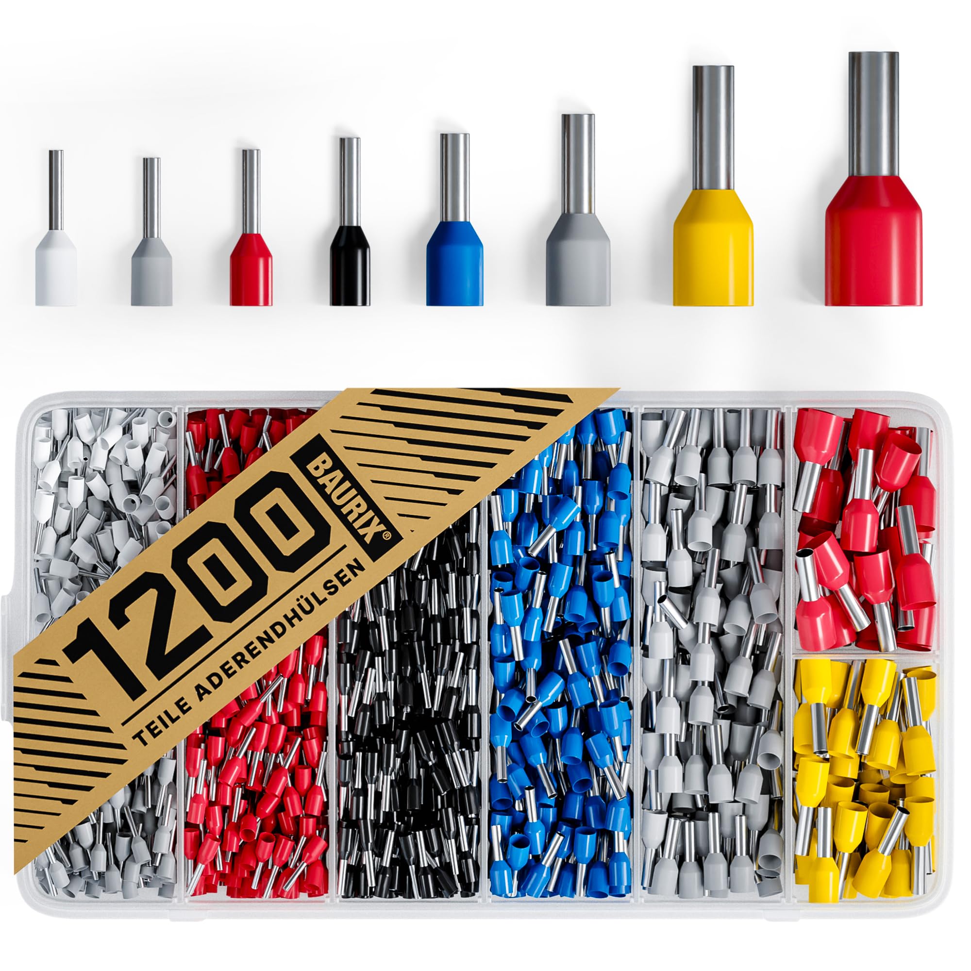 BAURIX® Wire Ferrules Assortment 1200pcs – Insulated Wire End Sleeves Kit [0.5–10 mm²] – Crimp Ferrules Set – Cable End Terminals According to DIN Standards – Crimping Pins for Electrical Wiring