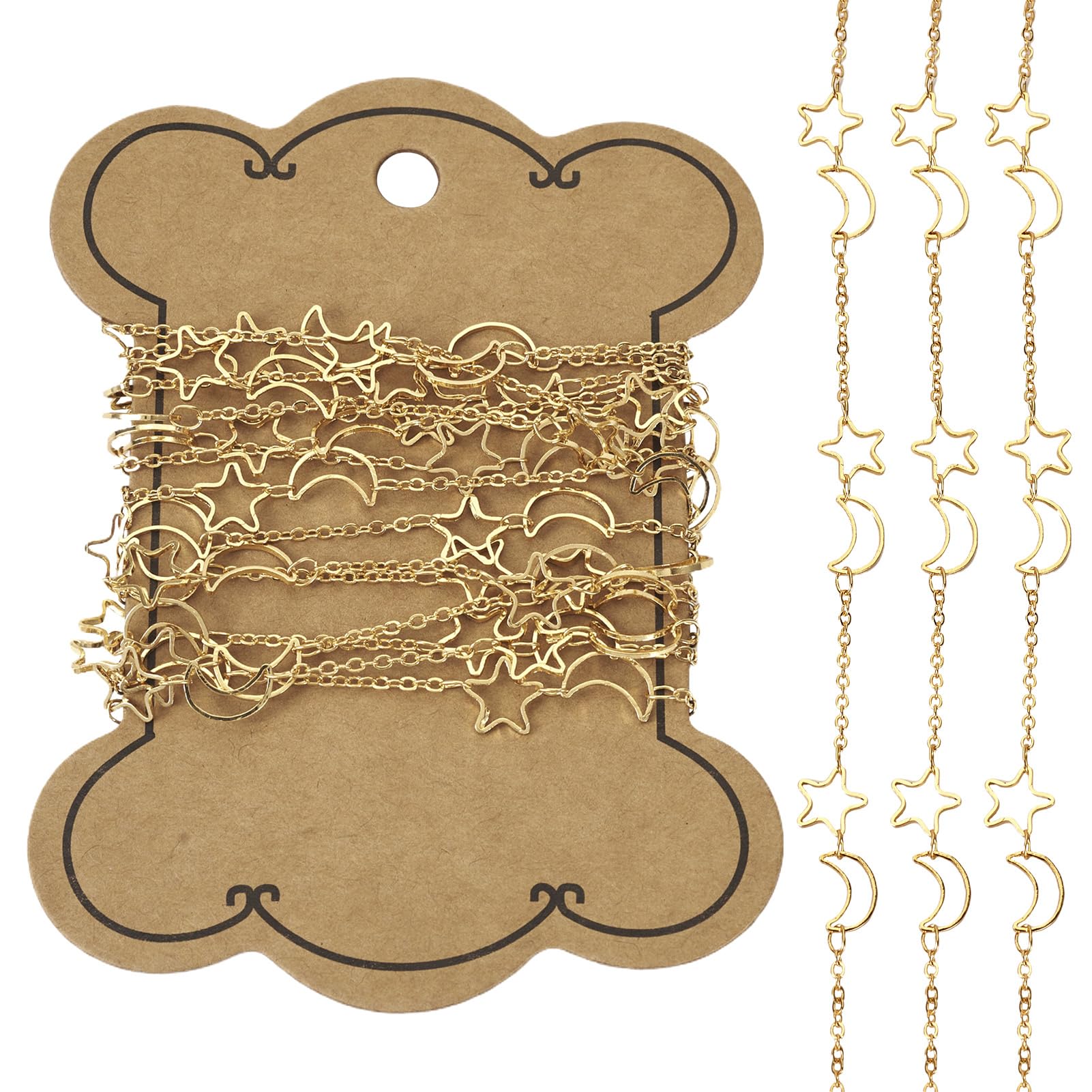 Bestewelry 6.56 Feet Brass Hollow Moon & Star Link Chains Soldered Handmade Oval Link Chain Golden for Jewelry Making DIY Bracelet Necklace Craft Supplies