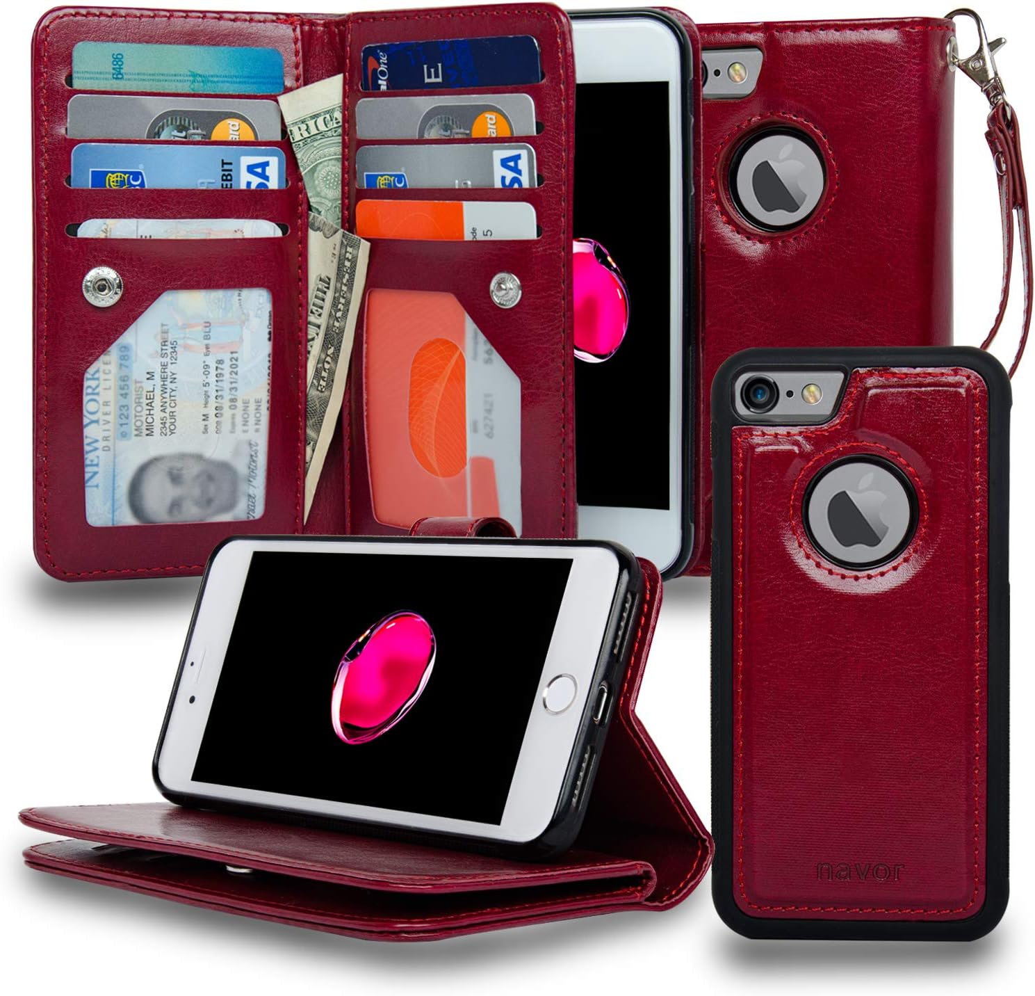 navor Magnetic Detachable Wallet Case [RFID Protection][8 Card Slots] [3 Money Pocket] Compatible for iPhone 7 & 8-4.7 Inch [JOOT-3L]- Maroon (IP73LMR)