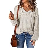 SHEWIN Women's Sweaters Casual Long Sleeve V Neck Crewneck Lightweight Crochet Pullover Sweater Tops