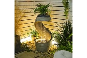 SERBILHOME Garden Outdoor Water Fountains Waterfall - Indoor Floor Standing Outdoor Fountain 35" Modern Curved Fountain Contemporary Design with LED Lights for Home Garden, Yard, Patio, Office