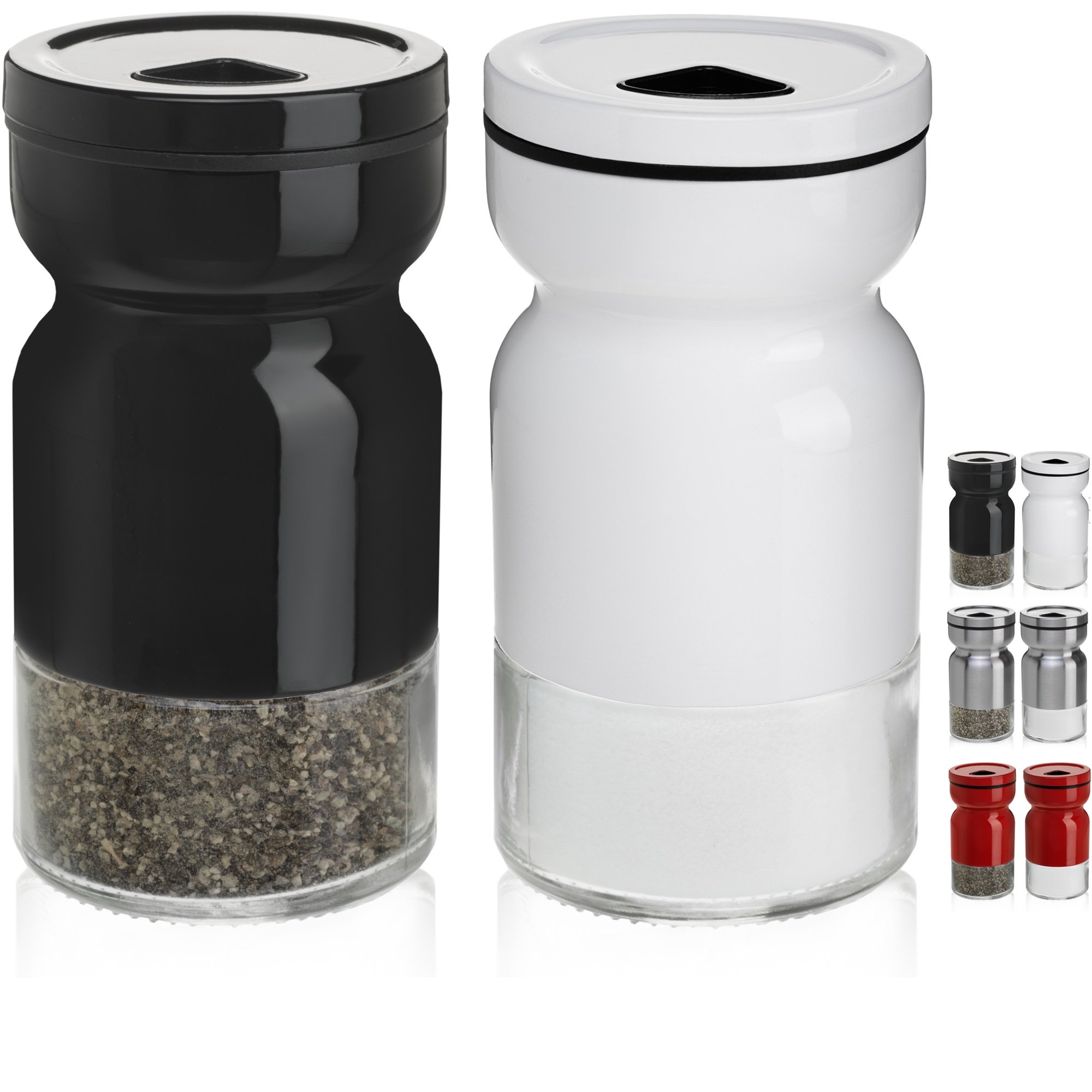 CHEFVANTAGE Glass Salt and Pepper Shakers Set with Adjustable Pour Holes, 2 Round Shakers - White,black, 4.0 ounces each