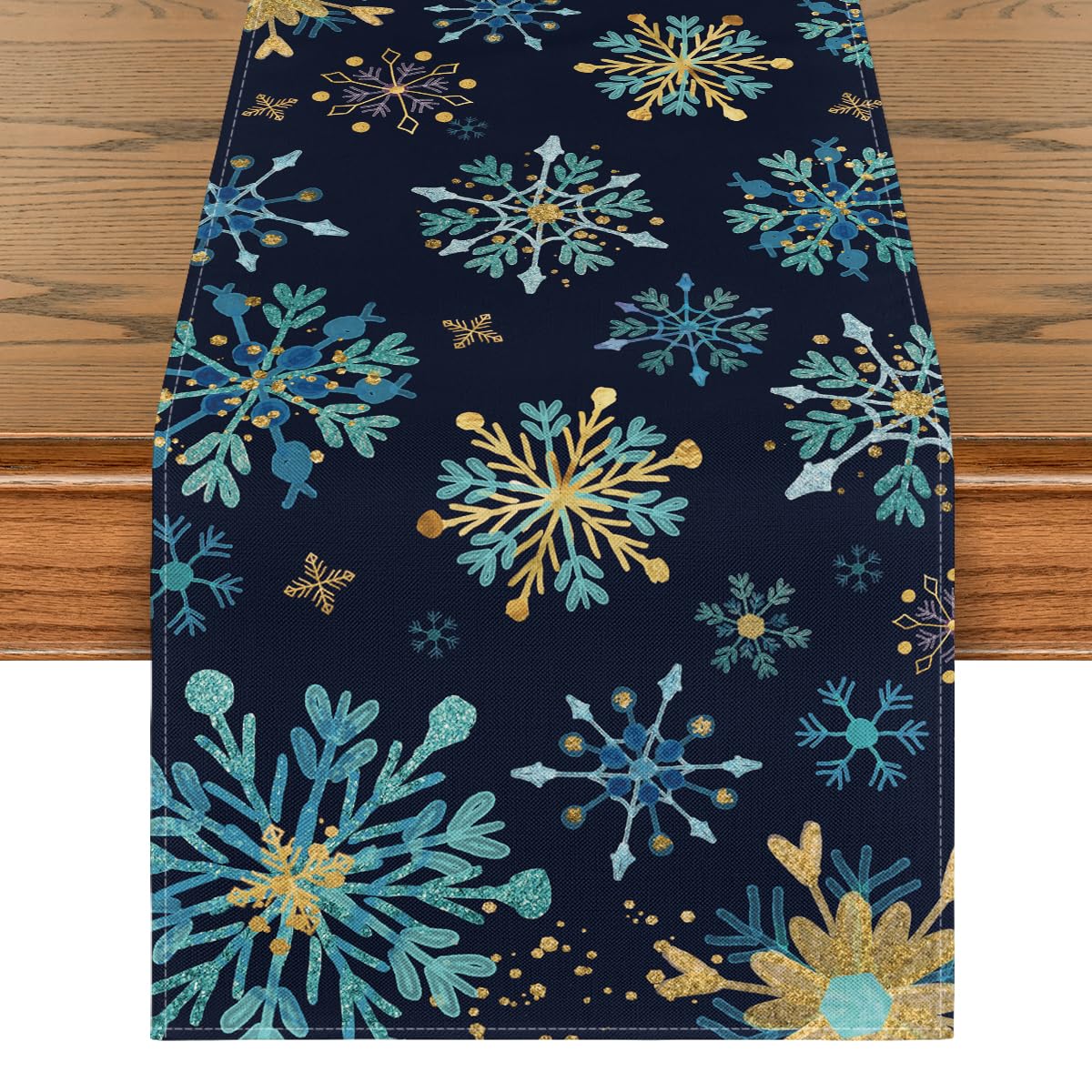 Photo 1 of Artoid Mode Blue Snowflakes Hexagon Winter Table Runner, Seasonal Christmas Kitchen Dining Table Decoration for Outdoor Home Party 13x72 Inch
