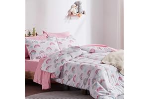SLEEP ZONE Kids Twin Bedding Comforter Set - Super Cute & Soft Kids Bedding 5 Pieces Set with Comforter, Sheet, Pillowcase & Sham (Pink Rainbow)