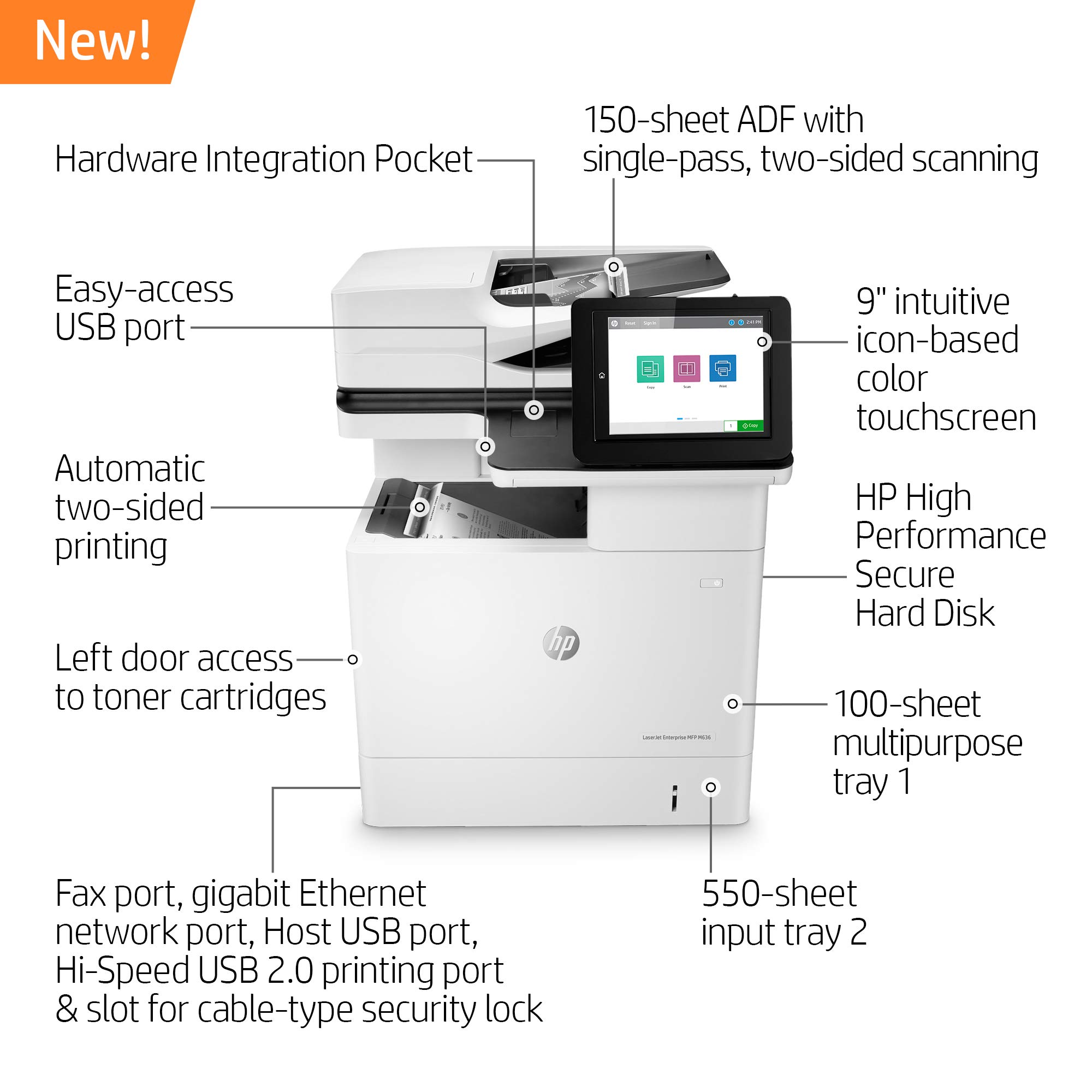 HP LaserJet Enterprise MFP M636fh Monochrome All-in-One Printer with built-in Ethernet & 2-sided printing (7PT00A), White
