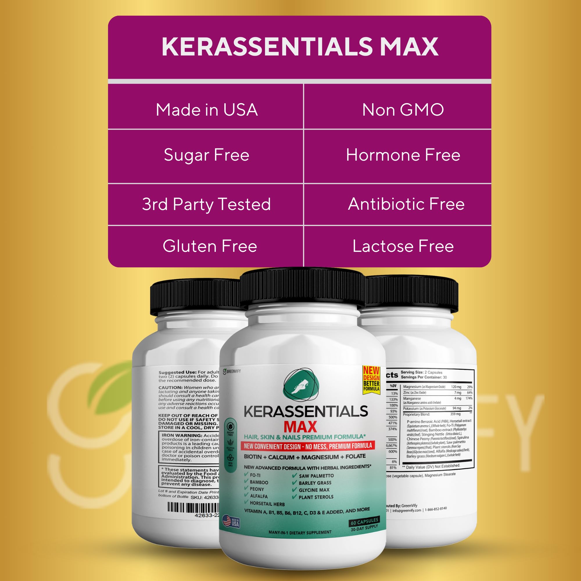 GREENVIFY Kerassentials Max - Hair, Skin & Nails Support Supplement | Biotin, Calcium, Magnesium, Folate & Herbal Blend | Premium Formula | 60 Capsules, Vegan & Gluten-Free - Image 5