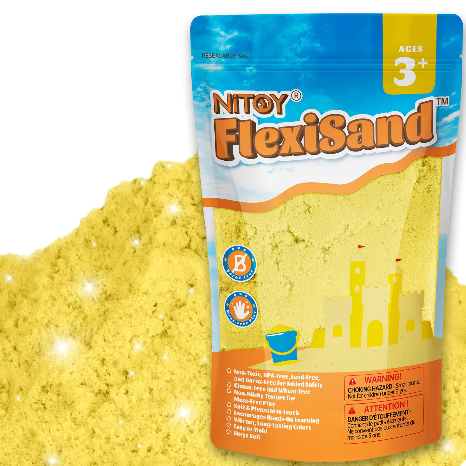 NiToy 2.2Lbs/1kg Play Sand, Never Dries Out-Fun for 3 Years and up Kids Bulk Refill for Sensory Sand Box Toys, Ideal for Shaping, Squeezing and Molding(Yellow)