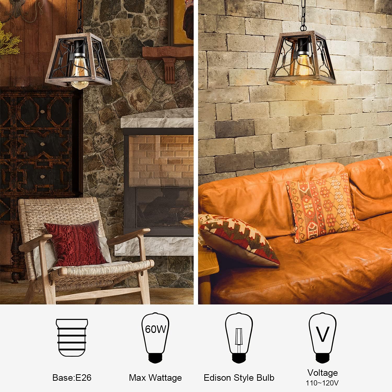 Farmhouse Pendant Light Fixture Square Rustic Chandelier Industrial Adjustable Height Lantern Pendant Light for Entryway Kitchen Island Dinning and Living Room: Home Improvement