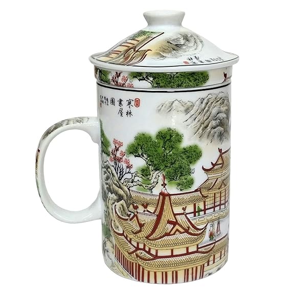 Porcelain Chinese Tea Mug with Infuser and Lid Palaces Pattern