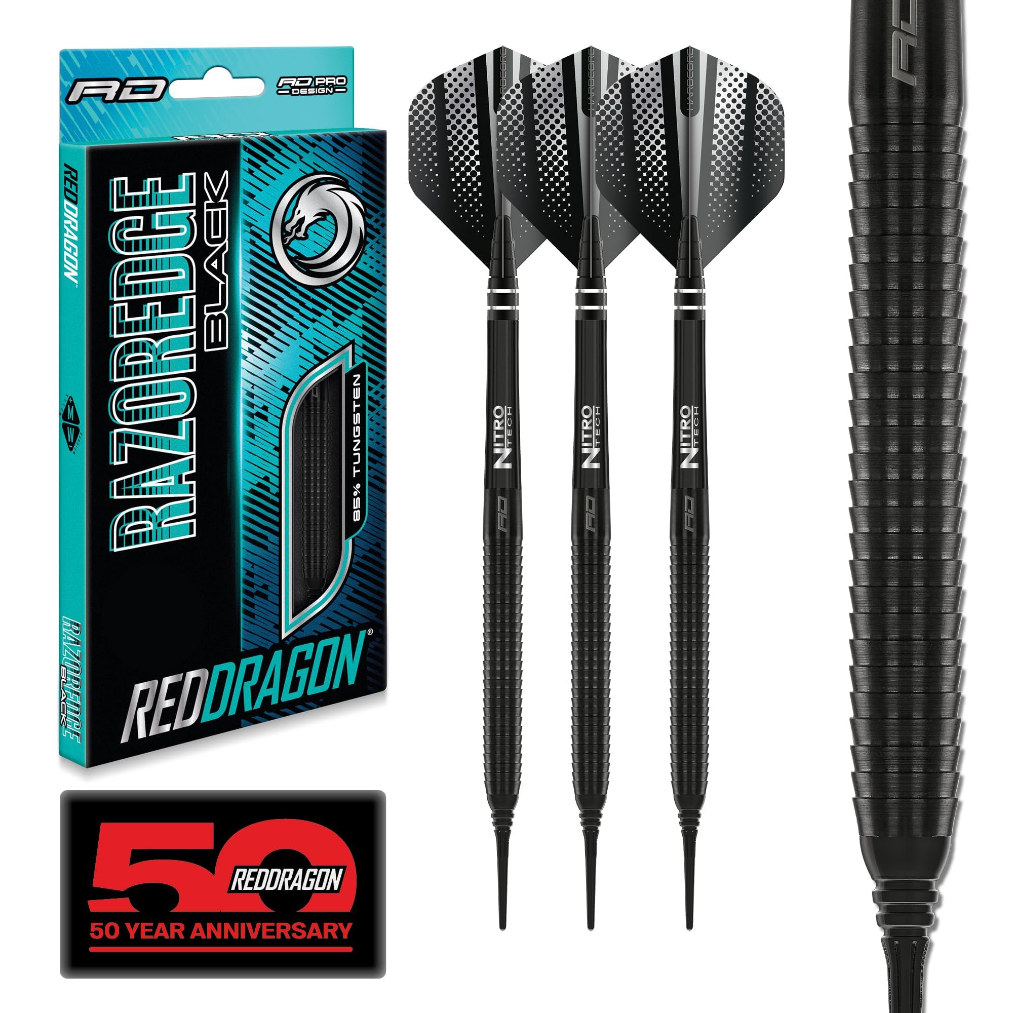 RED DRAGON Razor Edge Black 20g Softip Tungsten Darts with Flights and Stems