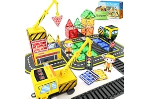 Soyee Magnetic Tiles Magnetic Construction Toys with 2 Cranes Boys Toys for Ages 3-5 5-7 Magnet Building Blocks Chritmas Gifts Boys Sensory Autism Montessori Toys Gift for 3+ Year Old