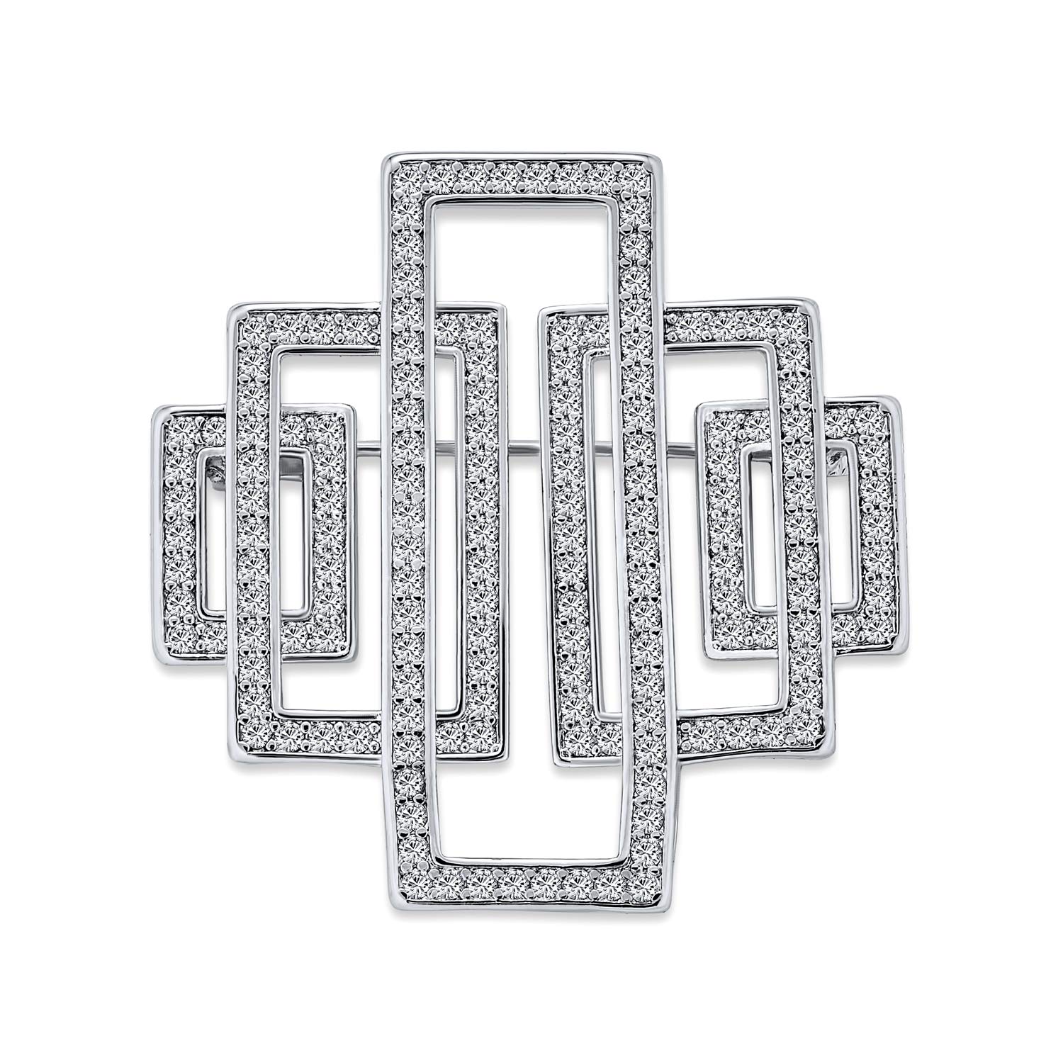 Geometric Art Deco Vintage Style Large Rectangular Pave CZ Cubic Zirconia Statement Scarf Brooch Pin For Women Silver Plated