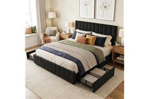 SierraSquad Upholstered Platform Bed Frame with Adjustable Height Headboard - 4 Storage Drawers - Sturdy Wooden Slats - No Bo