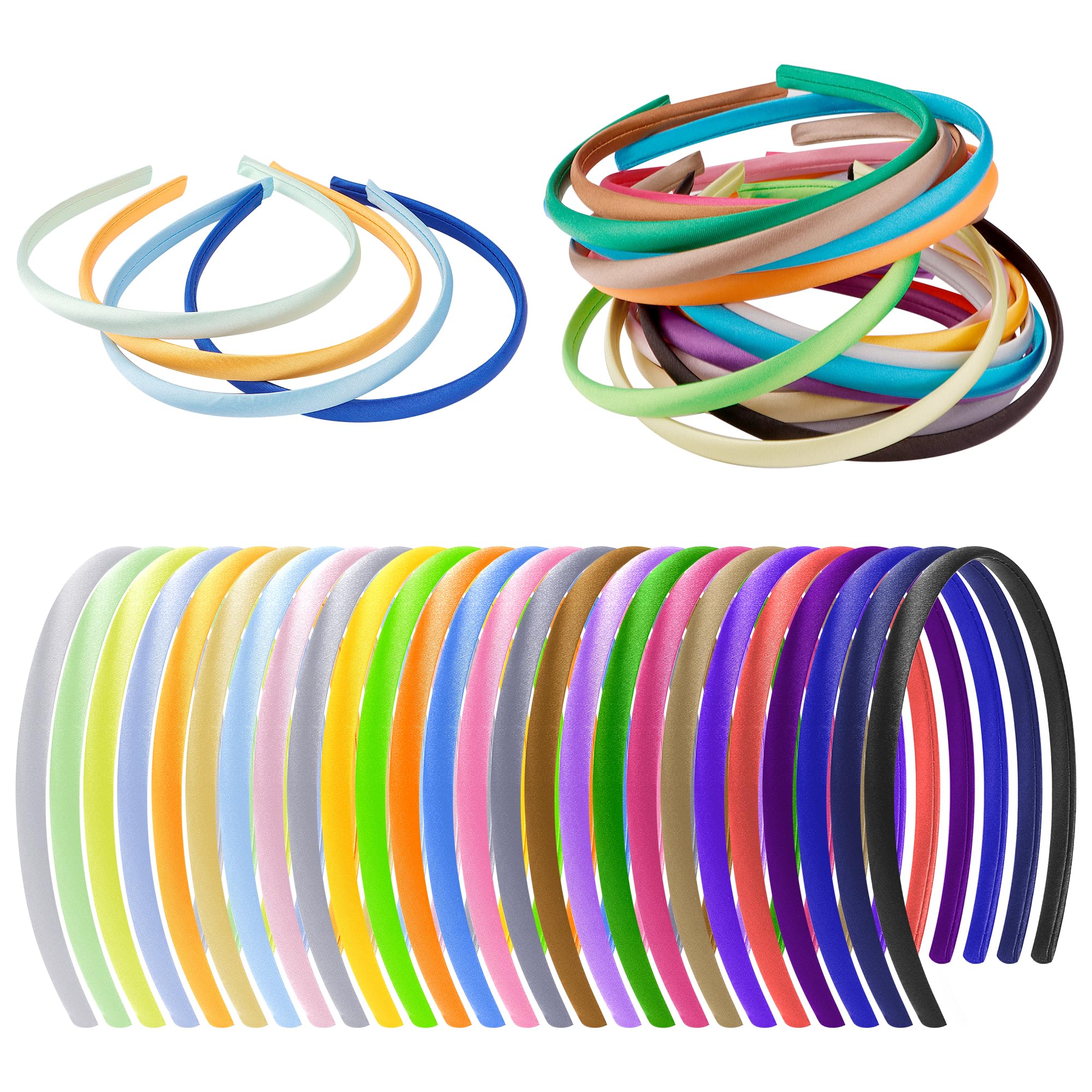 Photo 1 of 26 Pcs Satin Headbands for Girls DIY Craft Headband 1cm (0.4 inch) Ribbon Girls Headband Fashion Colorful Satin Coverd Hair Band Craft, 26 Colors