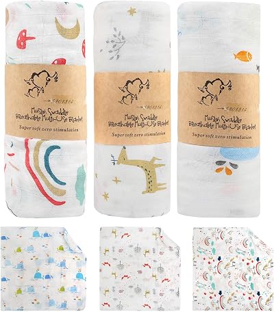 BelleStyle Muslin Swaddle 120x120 Bamboo Cotton 3 Pack Blue Whale Rainbow Horse