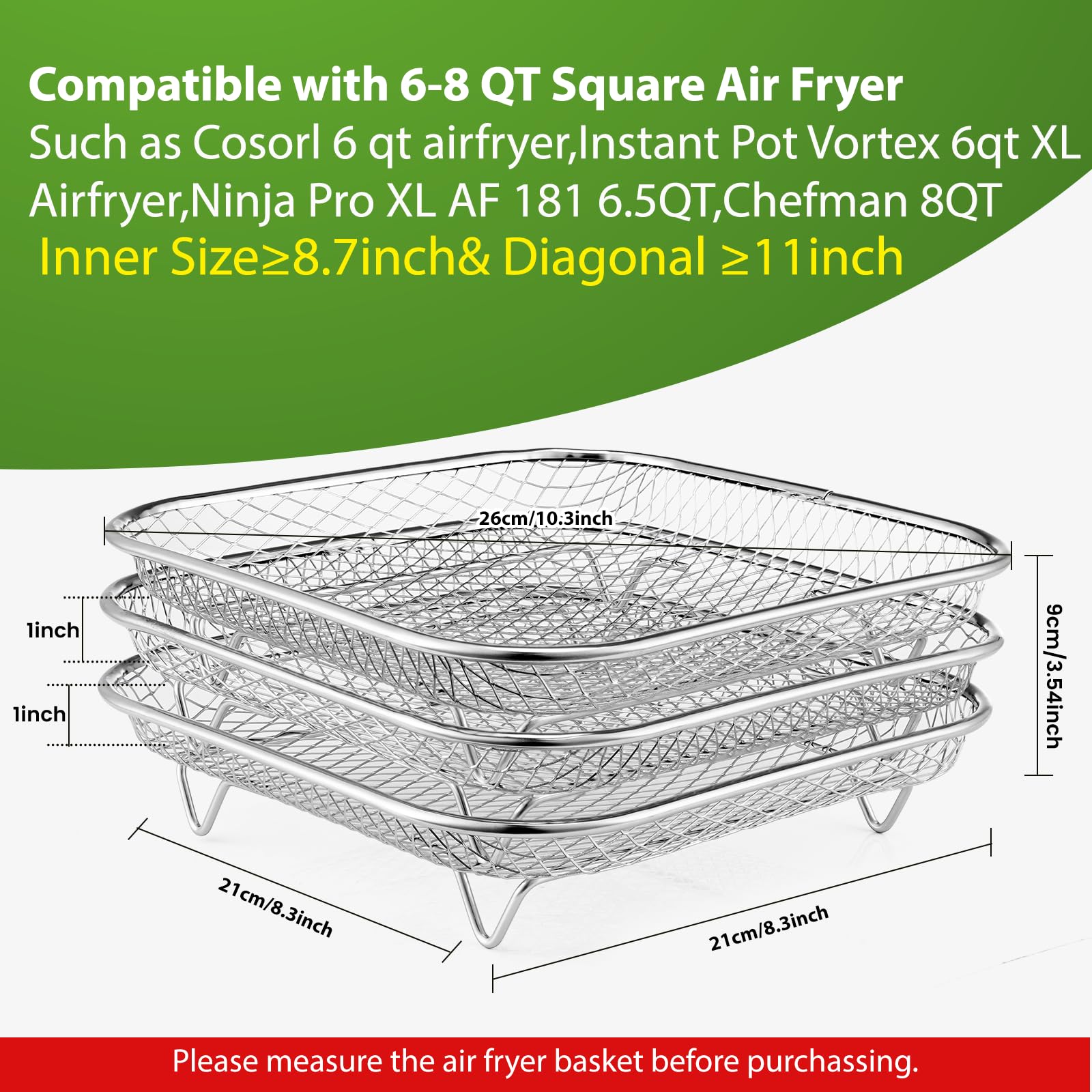 8.3 inch Square Air Fryer Rack,3pcs Stackable Stainless Steel Dehydrator Rack, Square Air Fryer Accessories for Cosori,Ninja Foodi Grill（Only Fit for Air fryer which inner size 8.7 inch)