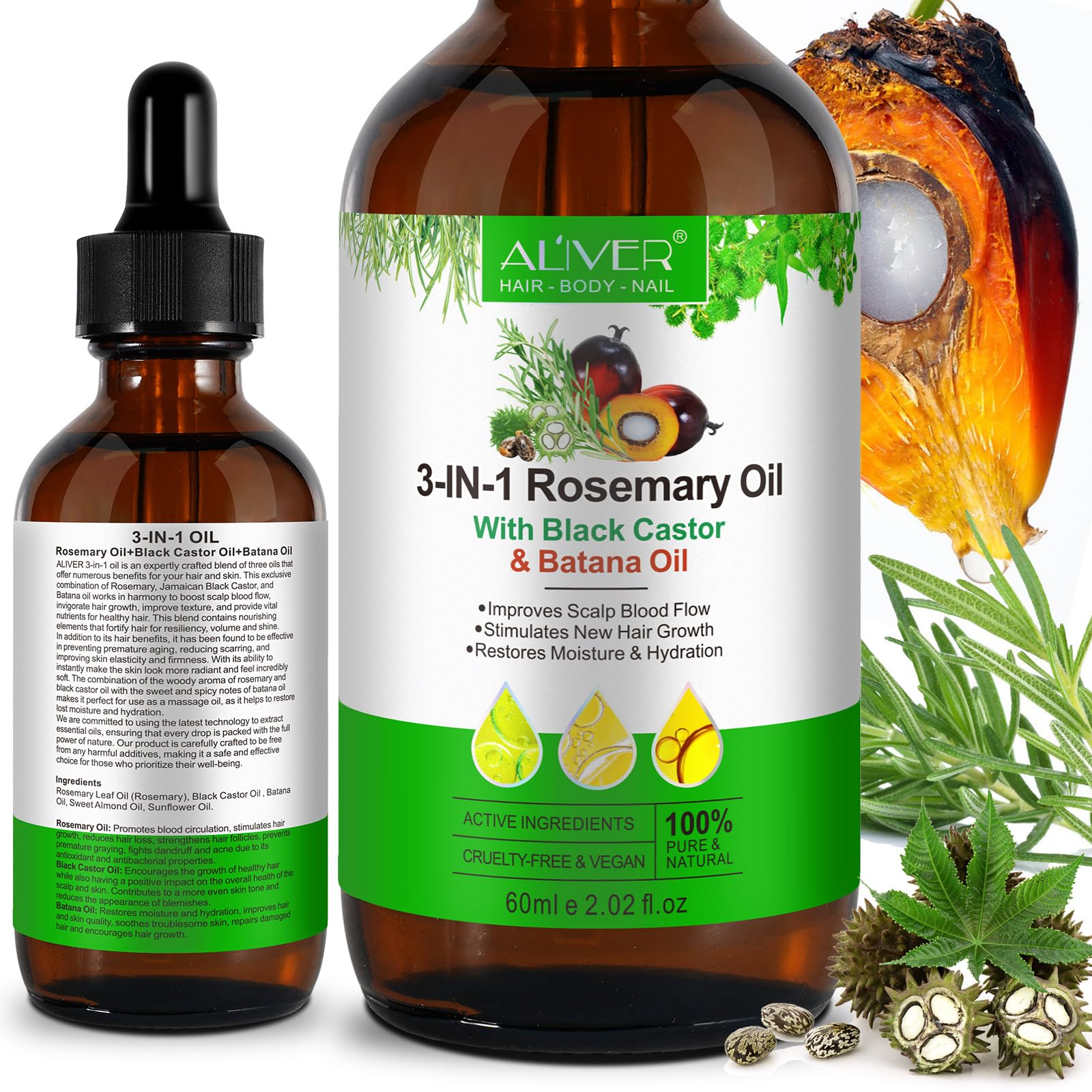 Batana 3In1 Hair Growth Oil - Rosemary & Black Castor Oil, Restores Moisture & Hydration, Volume And Shine 60Ml