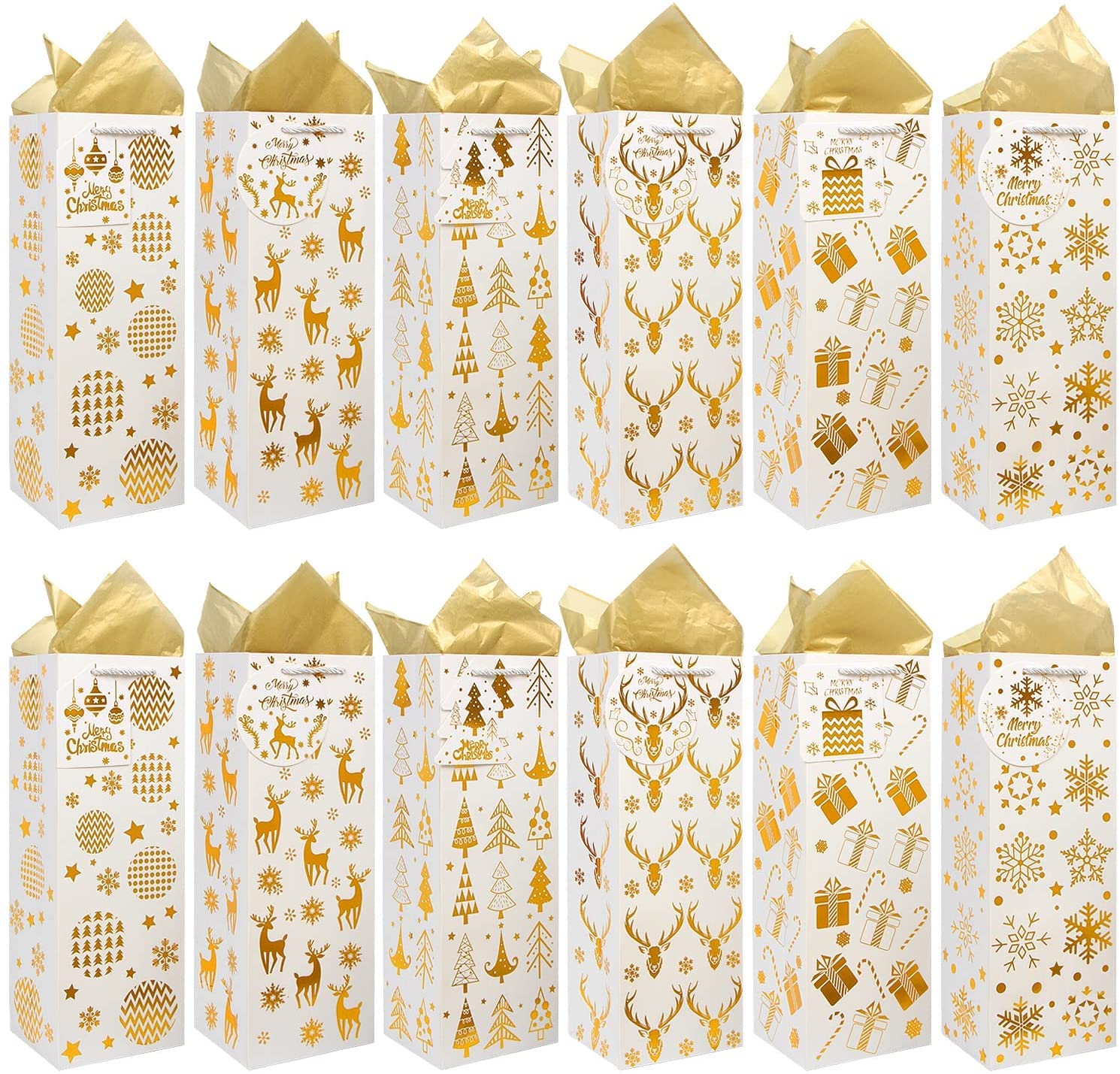 VEYLIN Bottle Gift Bag, 12 Pack Gold Christmas Wine Cover Bag with Handle and Tags for Winter Holiday Party Decoration