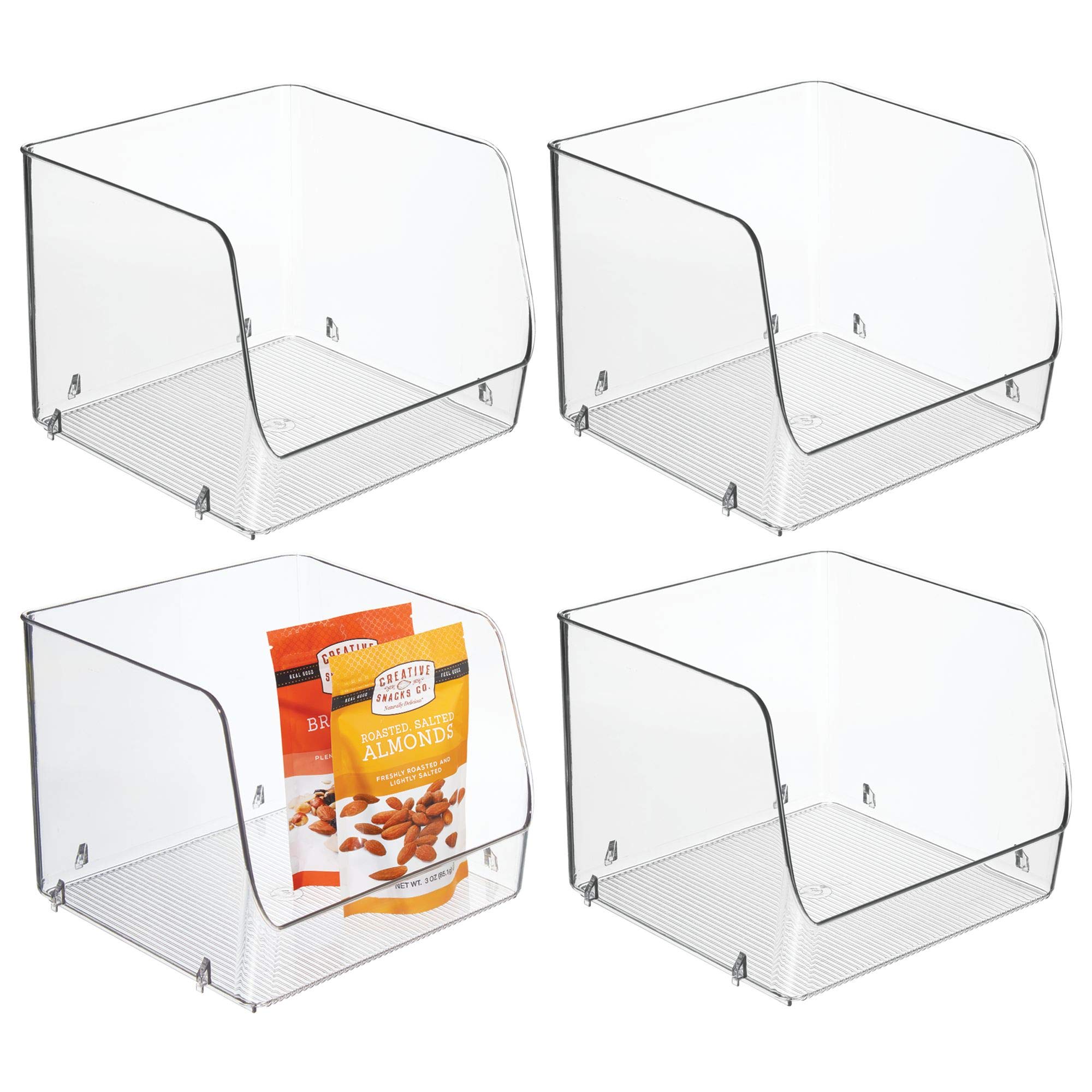 mDesign Household Stackable Plastic Food Storage Organizer Bin Basket with Open Front for Kitchen Cabinets, Pantry, Offices, Closets, Bedrooms, Bathrooms - Cube - 7.75" Wide, Pack of 4, Clear