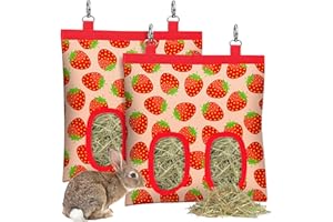 SKYJORMY 2PCS Rabbit Hay Feeder,Bunny Hay Bag for Rabbits,Rabbit Feeder Fabric Bag Feeder Bag,2 Holes 600D Oxford Cloth Fabric Hanging Hay Feeder Bag for Small Animal,Hay Guinea Pig(Strawberry&Strawberry)