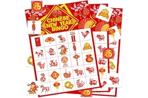 Leezead Chinese New Year Bingo Game for Kids Adults, 24 Chines New Year Bingo Cards Lunar New Year Bingo Party Game for School Family Activities Lunar New Year Party Supplies