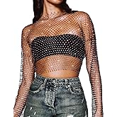 CYCLAMEN Women's Rhinestone Body Chains Long Sleeve Crop Tops Crystal See Through Mesh Diamond Fishnet Shirts Outfits