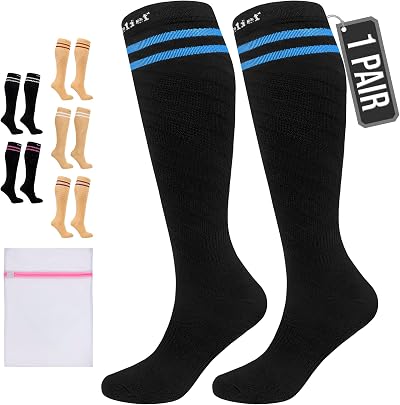 360 RELIEF 15-20 mmHg Compression Socks for Women Men Black with 2 Blue Lines