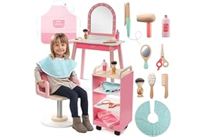 SVAN Pretend Hair Salon Wooden Play Set- Full Vanity Mirror with Chair & Rolling Cart- Playset Includes Blow Dryer, Brush, Styling, Cutting Tools- Girls Hair Dresser Stand, Stylist Fun, Xmas Gift for Kids