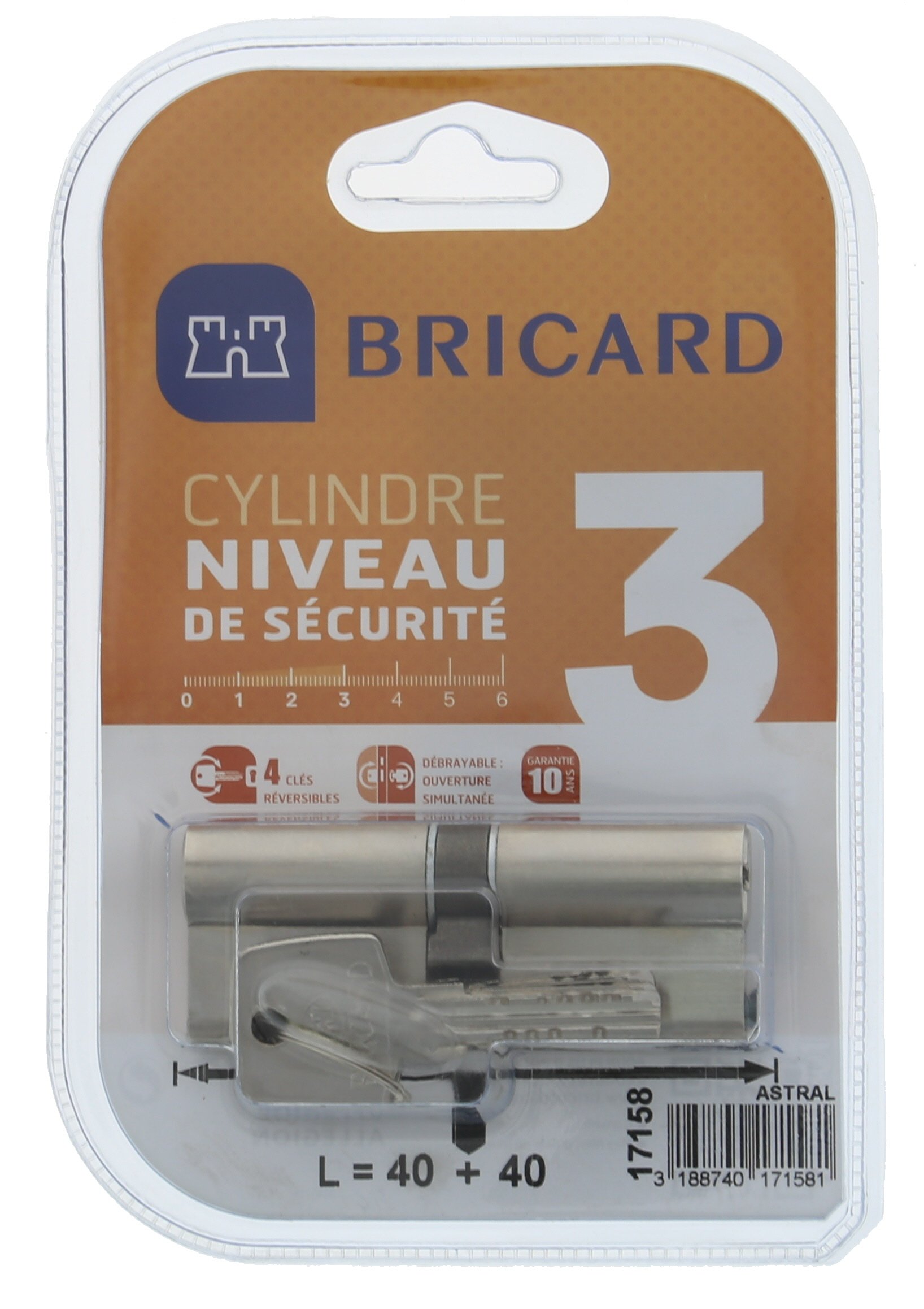 BRICARD 17158 Double Astral 2.9 10 Nickel-Plated Brass Cylinder Piston Input, Personal Protection Against Drilling and Picking. Card., Nickel-Plated Steel, 80 = 40 + 40