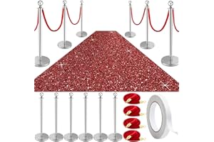 Pelopy Stanchion Posts Queue Crowd Control Stanchion Velvet Ropes Carpet Set, 38 in Post Sand Injection Hollow Base with Rope for Party Museum (26 ft Carpet,Silver,12 Pcs)