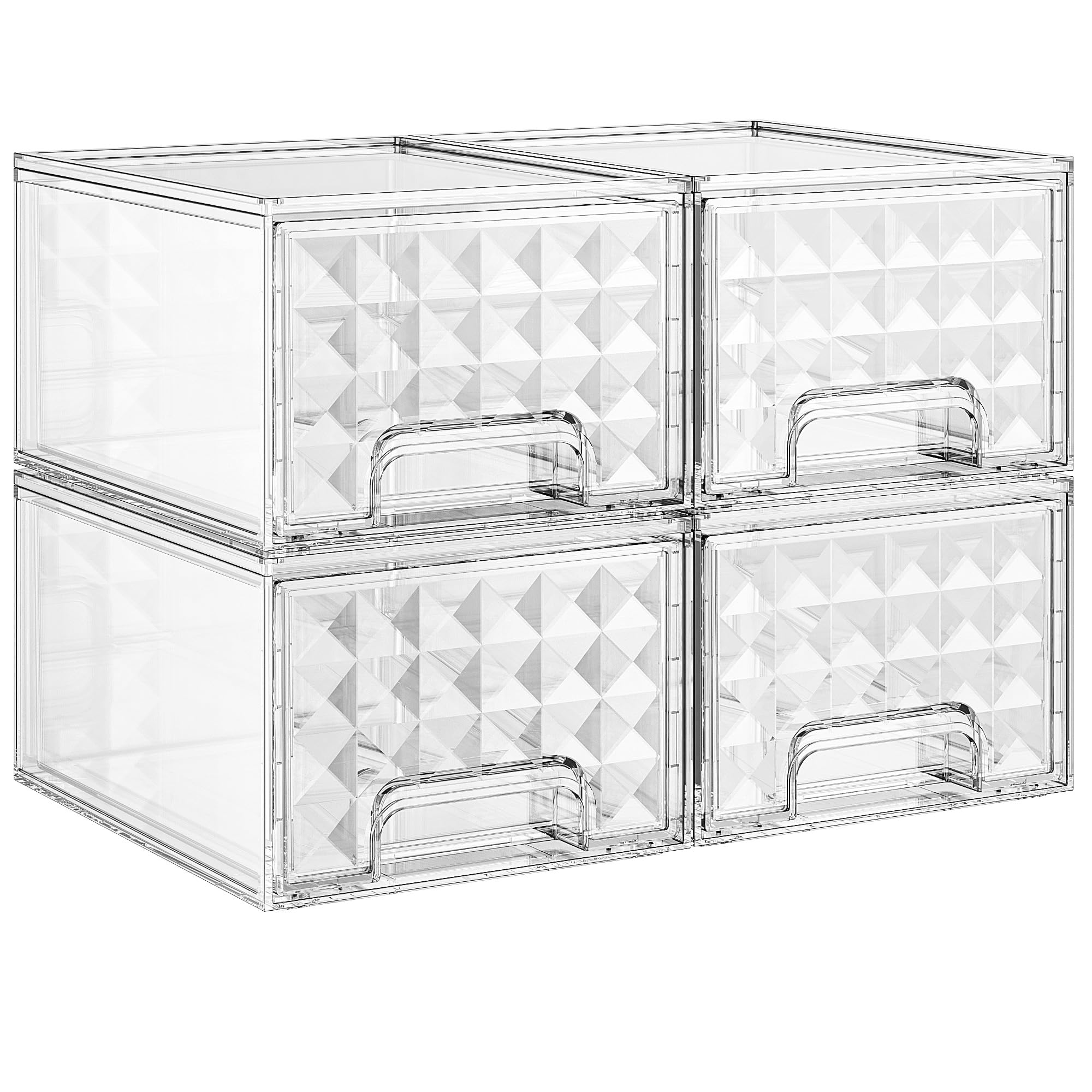 Photo 1 of Delamu 4 Pack Stackable Storage Drawers, Makeup Skincare Holder Vanity Storage Organizer, Plastic Drawers For Vanity Desk, Undersink, Kitchen Cabinet, Pantry, Bottle Organizer Baby And Storage,Clear
