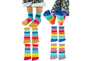 PURSUESTAR 4 Pairs Cotton Five Finger Toe Socks Athletic Casual Dress Rainbow Stripe Seperated Tabi Socks for Kids Boys Girls 2-10 Years