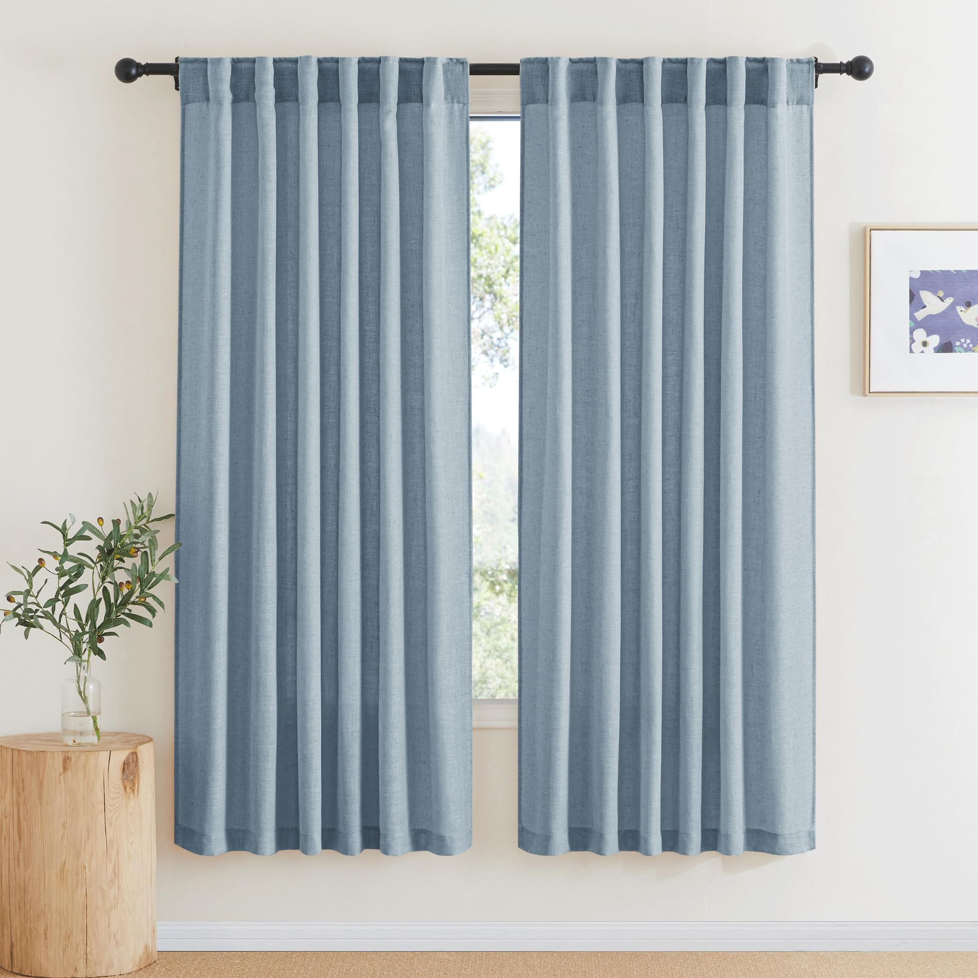 RYB HOME Blue Linen Sheer Curtains for Living Room Kids Room, Semi Transparent Elegant Flax Linen Texture Breathable Durability Decor 72 inch Length, W 52 x L 72 inches, Dusty Blue, 2 Panels Image