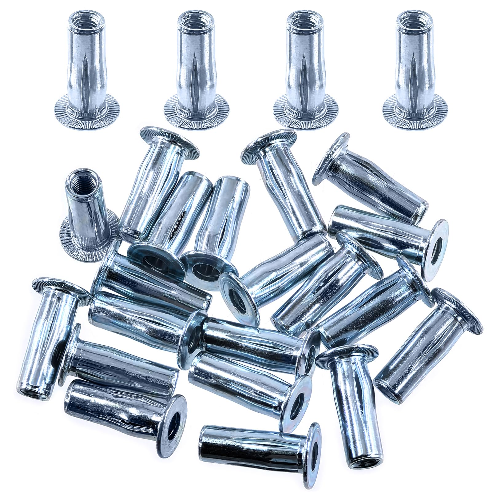 Swpeet 20Pcs M5 Metric Carbon Steel White Zinc-Plated Multi-Grip Rivet Nuts Plus Nuts Rivnuts Kit, Bulbed Shank Flat Head Threaded Insert Nut Construction Fasteners for Industrial