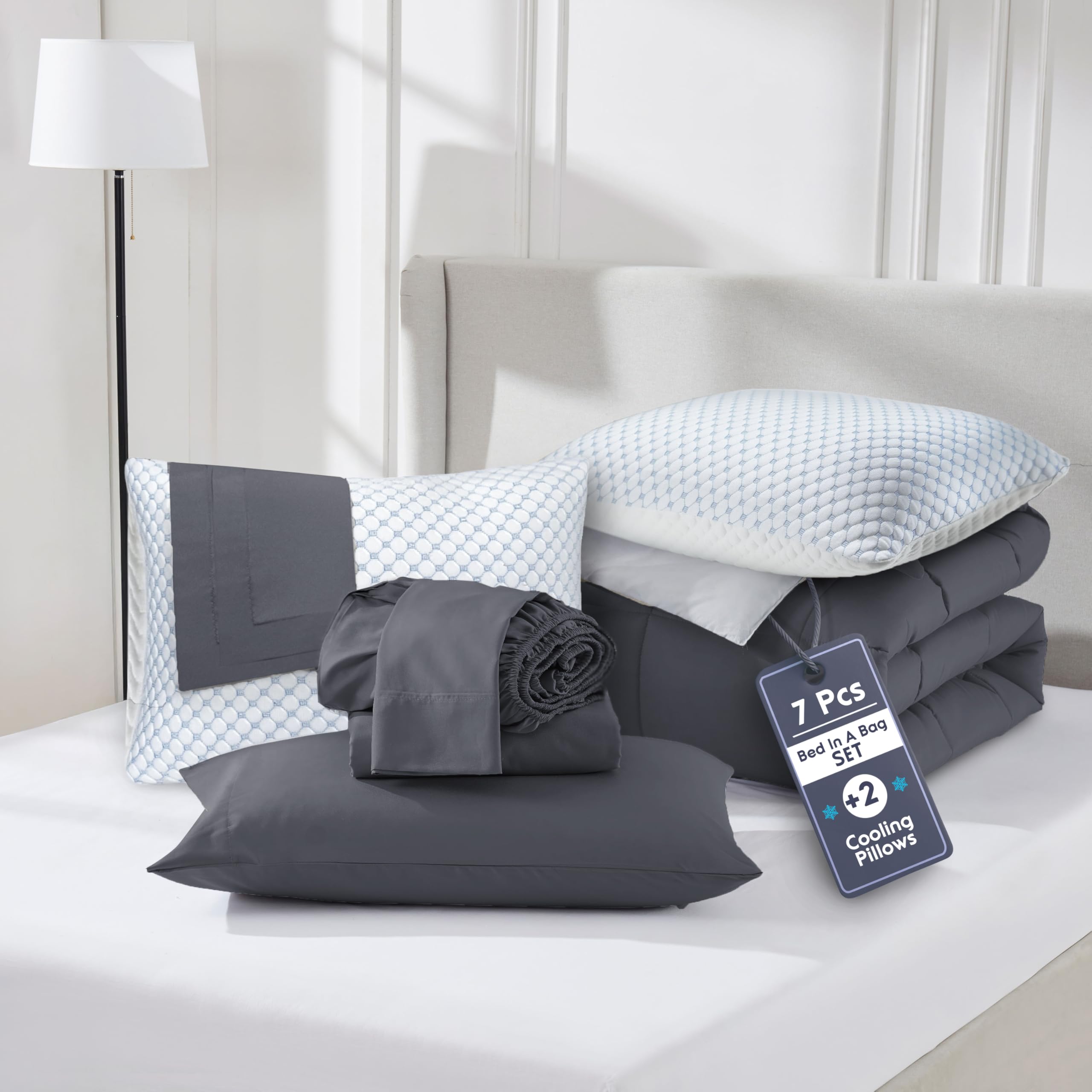 Nestl 9 Piece Full Comforter Set – Dark Grey Reversible Bed in a Bag – Complete Full Size Bedding Set with Sheets, Set of 2 Cooling Pillows, Pillowcases and Shams